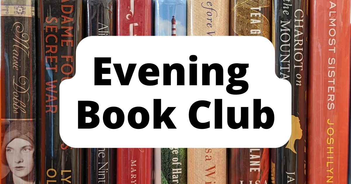Sign saying Evening Book Club against a background of book spines