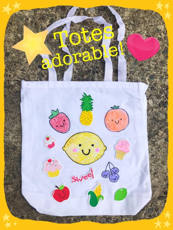 Tote bag decorated with crayons and stickers